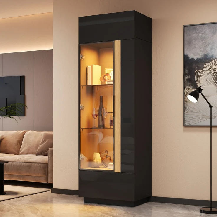 ZUBALIYA Vitrine (60 x 40 x 180 cm), LED - Beleuchtung, Glastüren, Aufbewahrung für Sammlerstücke, Geschirr und Dekoration, Schwarz – Bild 6
