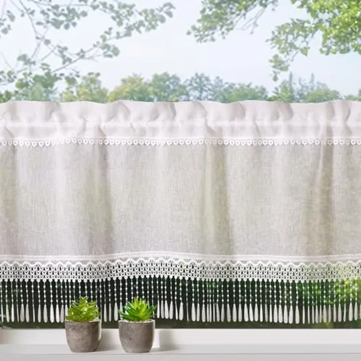heimtexland Scheibengardine Landhaus Gardine Leinen Optik natur Kurzstore (1 St), Stangendurchzug, halbtransparent, Polyester, Bistrogardine 45x120 cm I Tunnelzug I Fransen Makramee-Borte