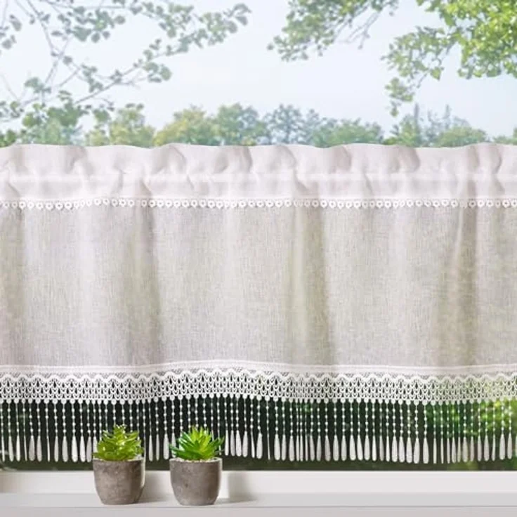 heimtexland Scheibengardine Landhaus Gardine Leinen Optik natur Kurzstore (1 St), Stangendurchzug, halbtransparent, Polyester, Bistrogardine 45x120 cm I Tunnelzug I Fransen Makramee-Borte – Bild 1