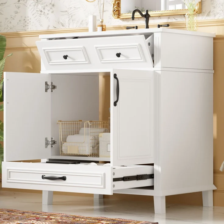 77 x 46 x 86 cm, freistehender Waschtisch, komplett lackiert, integriertes Keramikwaschbecken, 9 Ablagefächer, Doppeltürschrank mit Soft-Close-Scharnieren, weiß. – Bild 5