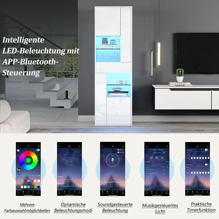 55*38*170cm Verkaufsvitrine, Hochschrank mit 1 Schublade und 4 Schränken,Glasvitrine Vitrinenschränke mit led beleuchtung, Vitrinen Mit Hochglanz-Design,Wohnzimmerschränke, Vitrinen, Schaukästen,Weiß – Bild 8