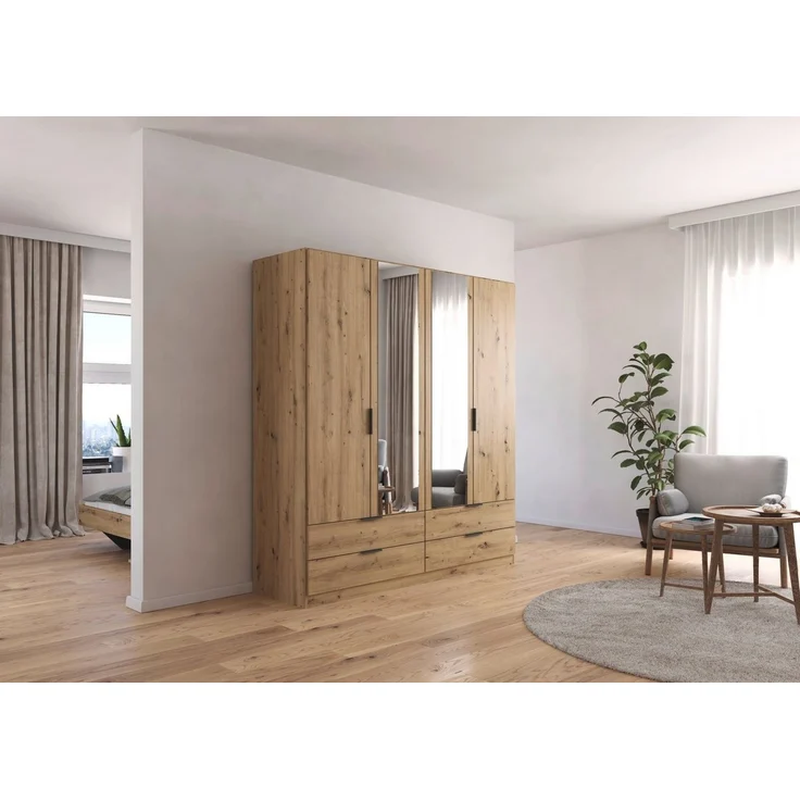 Rauch Möbel Lagoa, Kleiderschrank, Garderobe für Schlafzimmer, Kinderzimmer, Jugendzimmer 4-türig mit Spiegel, 4 Schubladen, mit Zubehör Basic, Farbe Eiche Artisan, Holz, Breite 181 cm – Bild 2
