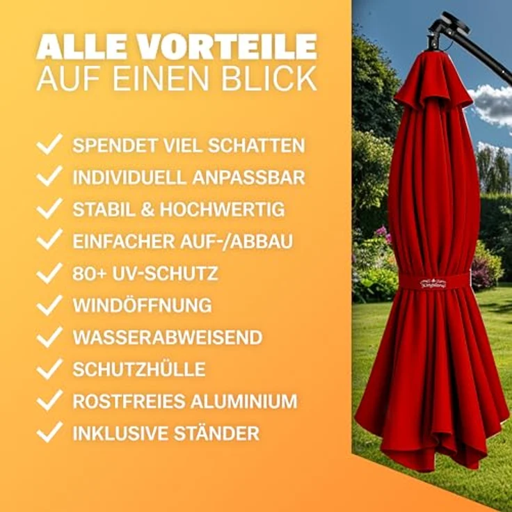 Kingsleeve Sonnenschirm 300 cm LED Beleuchtet UV Schutz 80+ Schutzhülle Kurbel Ampelschirm Rot – Bild 10