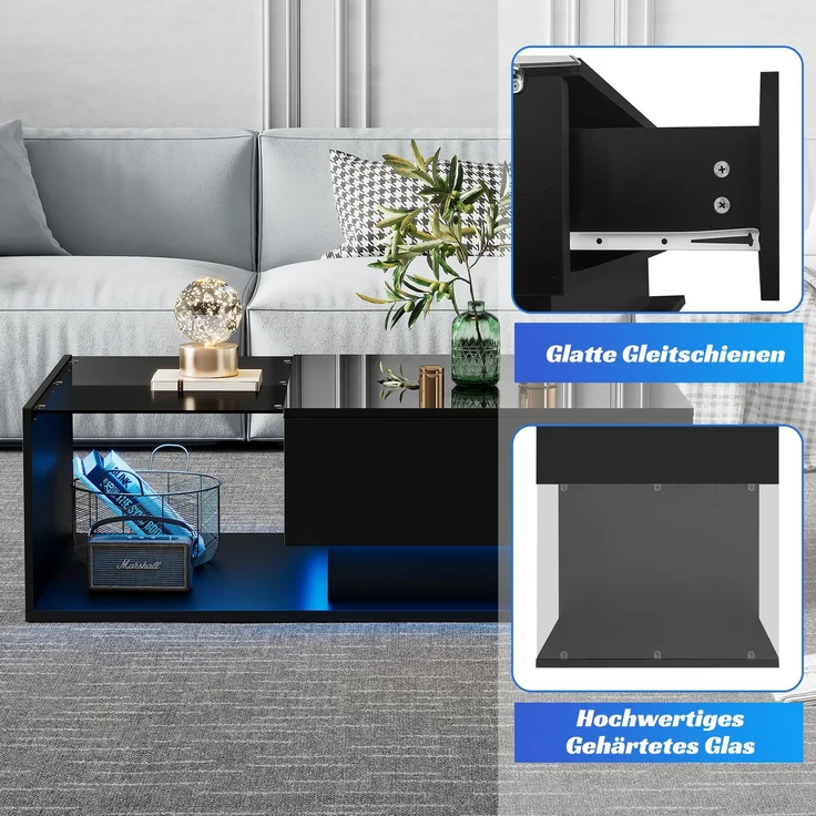 Couchtisch mit Glas, 1 Schublade, LED-Beleuchtung per App steuerbar, 100x50x32 cm, stoßfestes Glas – Bild 5