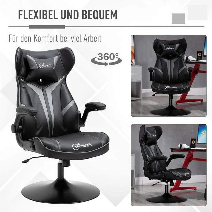 Vinsetto Schreibtischstuhl ergonomischer Gaming Stuhl, mit Wippfunktion (Computerstuhl, 1 St), für Wohnzimmer, Schwarz+Grau – Bild 3