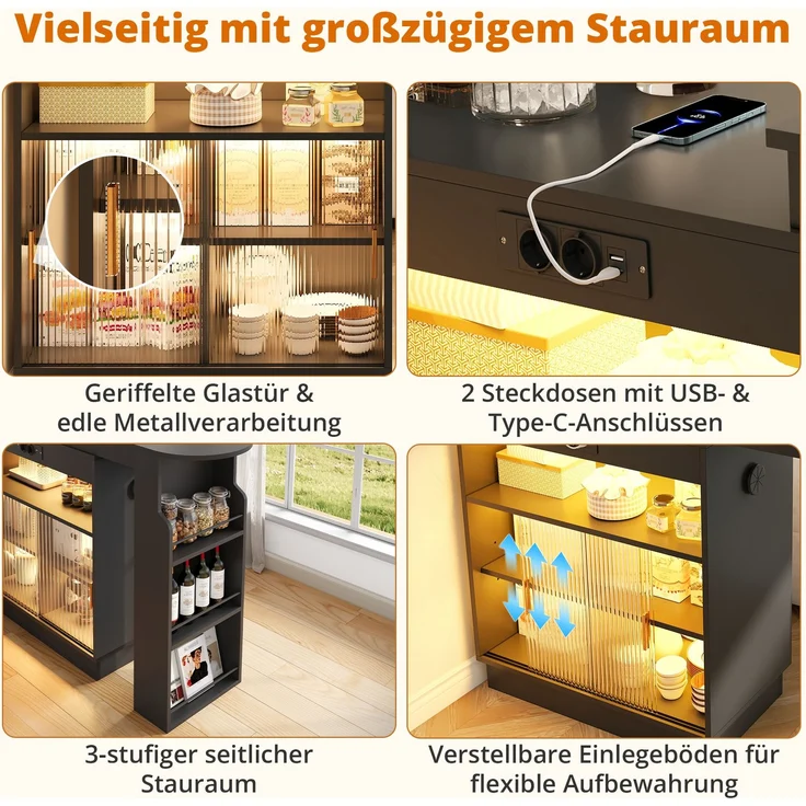 ZUBALIYA Küchenschrank mit Glastüren / Barschrank & Sideboard, mit ausziehbarer Bartisch & Stehtisch mit Stauraum und steckdose, Schwarz, 131–170 x 40 x 170 cm, fürs Büro, mit LED, Samt – Bild 7