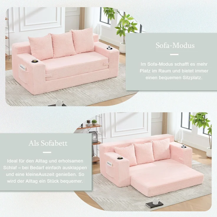 EINHOM Dreier-Sofa aus Baumwoll- und Leinenstoff, mit Getränkehalter und seitlichen Taschen, kann in drei Sitzplätze umgewandelt werden, rahmenloser Design mit gestrickten Kissen und Rückenlehne, großes Sitz – Bild 6