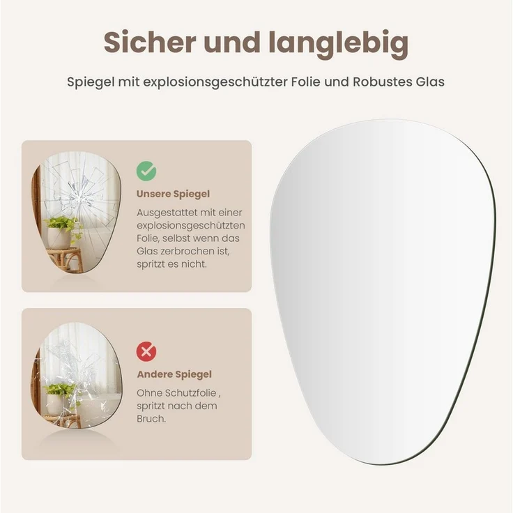 EMKE Spiegel Wandspiegel asymmetrisch Ultradünn Tropfenform, Tropfenform Dekospiegel Horizontal und Vertikal möglich 60×45 – Bild 2