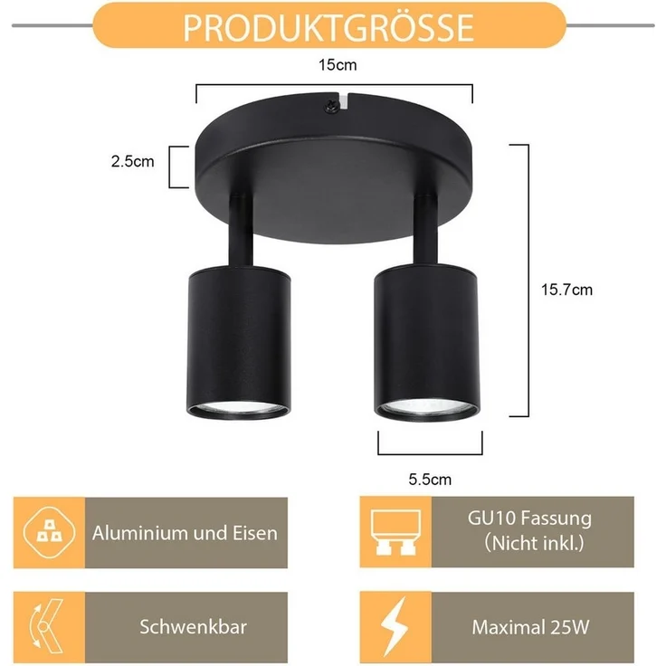 Nettlife Deckenstrahler 2 Flammig Schwarz GU10 Wohnzimmer Modern Deckenlampe Schwenkbar, Schwenkbar, LED wechselbar, Innen Rund Flur Deckenspot für Schlafzimmer Küche – Bild 3