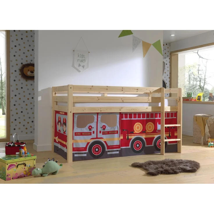 Kinderbett Karolina 210x114x106 Massivholz Natur Textilset Feuerwehr – Bild 3