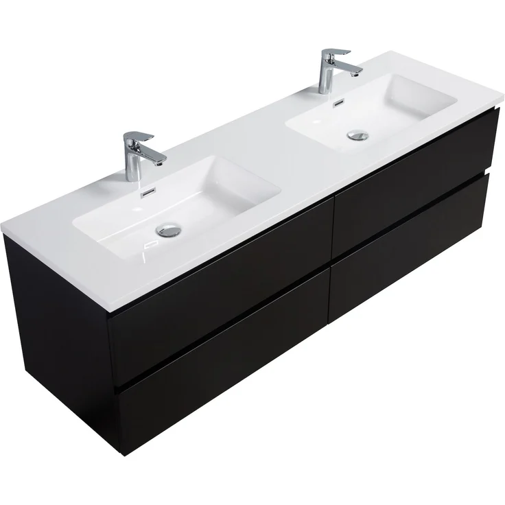 Badplaats Badmöbel Set mit Waschbecken und Unterschrank Angela 160 x 48 cm Schwarz Matt - Waschbeckenunterschrank mit Soft-Close und Doppelwaschbecken, Vorgemontiert – Bild 3
