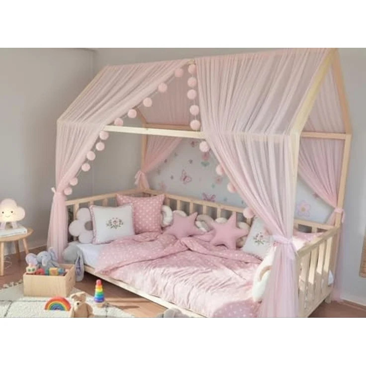 Baby Fancyroom Betthimmel Betthimmel Tüll Hausbett Kinderbett 2 Stück 340cm 380cm Montessori (3-tlg. Set mit 2 Stück Betthimmel und einer 20er Pomponkette, Baldachin, Kinder Betthimmel Baldachin Himmel Deko Set), Betthimmel für Hausbett Montessori – Bild 1