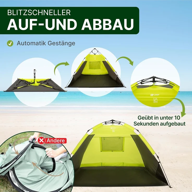 EXPLORER XXL Automatik Strandmuschel mit UV Schutz 80+ [220 x 150 x 130 cm] kleines Packmaß leicht und schnell in Sekunden aufgebautes Strandzelt Sonnenschutz Muschel automatisch Windschutz grün – Bild 7