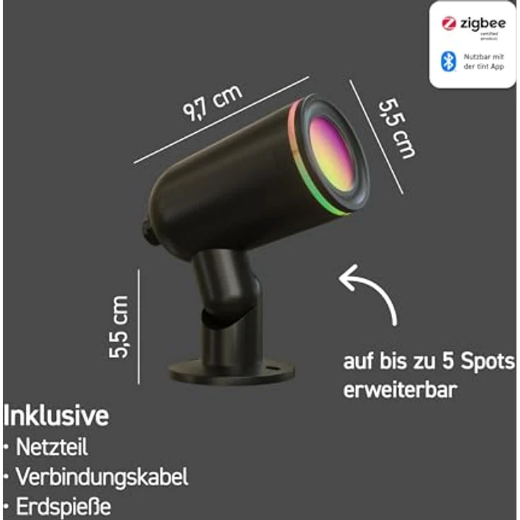 tint Smarte Outdoor LED Gartenspots Flores GEN 3, 3er Set mit Erdspieß, RGB Farbwechsel, dimmbar, IP44, 13 W, 9m Kabellänge, Zigbee & Bluetooth, kompatibel mit Alexa & tint App – Bild 2