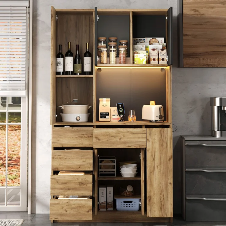 ZUBALIYA Küchenschrank 105x40x185 cm, mit LED-Beleuchtung, mit Steckdosen, mit verstellbaren Einlegeböden, aus MDF, Schwarz / Natur – Bild 17