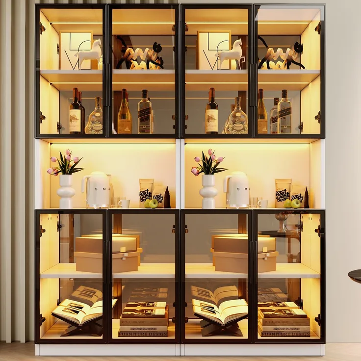 Vitrinenschrank-Set 140x30x170 cm mit LED, Spiegelrückwand und grauen ESG-Glastüren