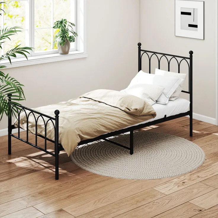 Einzelbett aus Metall mit Lattenrost, 27 cm Stauraum, 90x200 cm, Schwarz