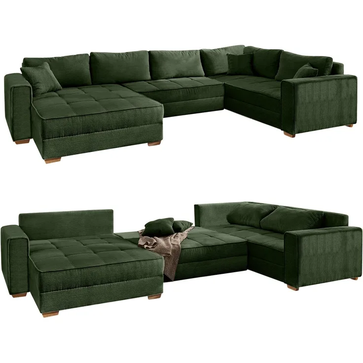 Wohnlandschaft U-Form Sofa Schlaffunktion Couch Bettkasten Cord in Grün
