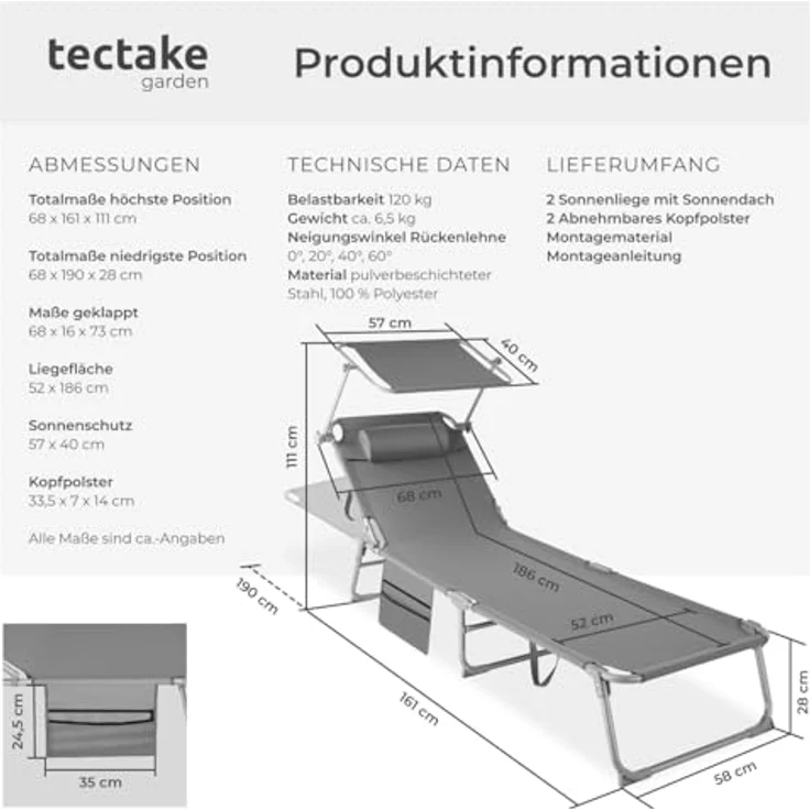 tectake® 2er Set Sonnenliege klappbar und tragbar, Liege mit Seitentasche, Strandliege, Gartenliege mit Dach, Liegestuhl mit Verstellbarer Rückenlehne, Kopfkissen - für Balkon, Terrasse (grau) – Bild 3