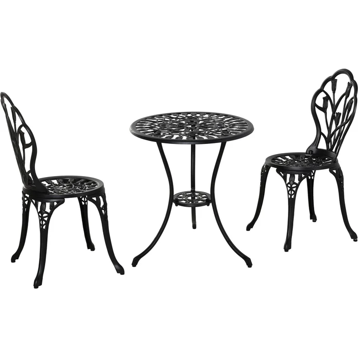 Garten-Bistroset aus Aluminium, 3-teilig mit Schirmloch, Tisch Ø60x67 cm, Schwarz – Bild 2