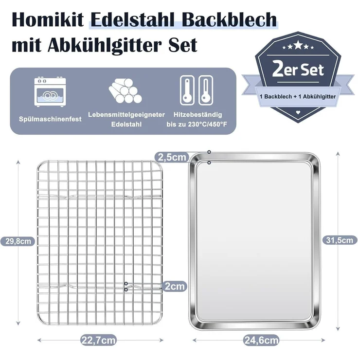 Homikit Backblech mit Abkühlgitter Edelstahl Rechteckig 31,5x24,6x2,5cm – Bild 2
