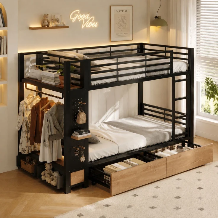 CHICFURN Etagenbett aus Metall und MDF, Schwarz, 90x200 cm, mit LED-Beleuchtung und Stauraum – Bild 2