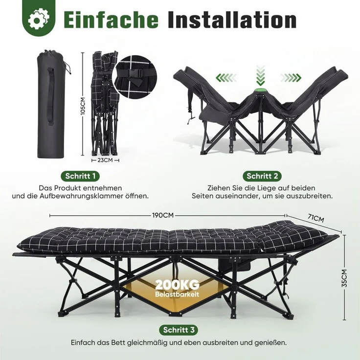 Sekey Feldbett 190cm x 71cm Campingbett Klappbar mit Matratze Gästebett Klappbett Tragbares Campingliege bis 200kg, Kariert, für Outdoor, Indoor, Reisen – Bild 4