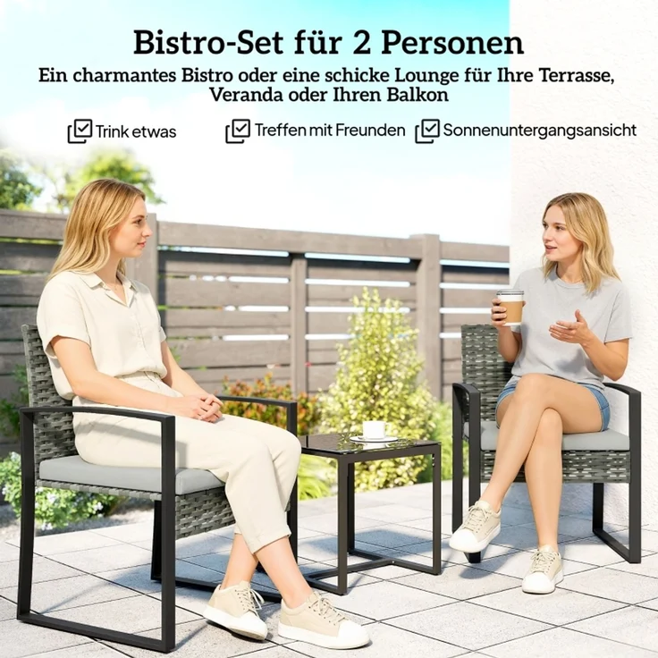 Rattan Bistroset, 3 teiliges Gartenmöbel-Set mit 2 Gartenstühlen, Couchtisch, abnehmbar Kissen Hellgrau – Bild 4