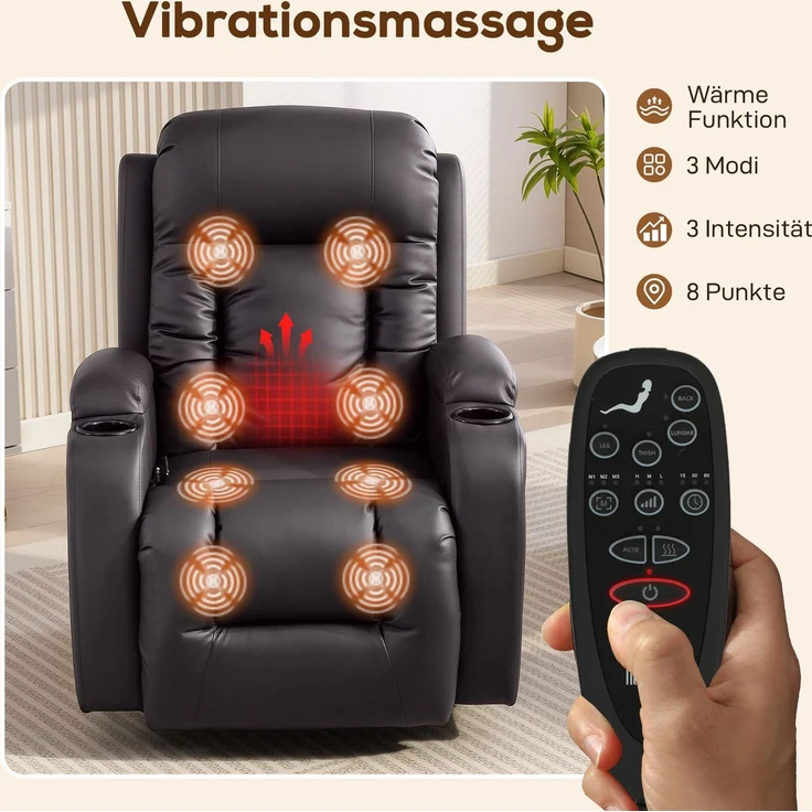 Wohnora-Massagesessel mit Wipp-, Liege- & Wärmefunktion, 3 Modi, drehbar, Dunkelbraun,H 1030cm x T 990cm x B 820cm,Braun – Bild 5