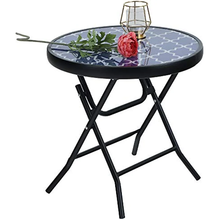 PHI VILLA Klappbar Runder Beistelltisch Glas aus Metall Gartentisch Kaffeetisch Klein Balkontisch wetterfest pflegeleicht für Balkon Garten Terrasse Wohnzimmer – Bild 1