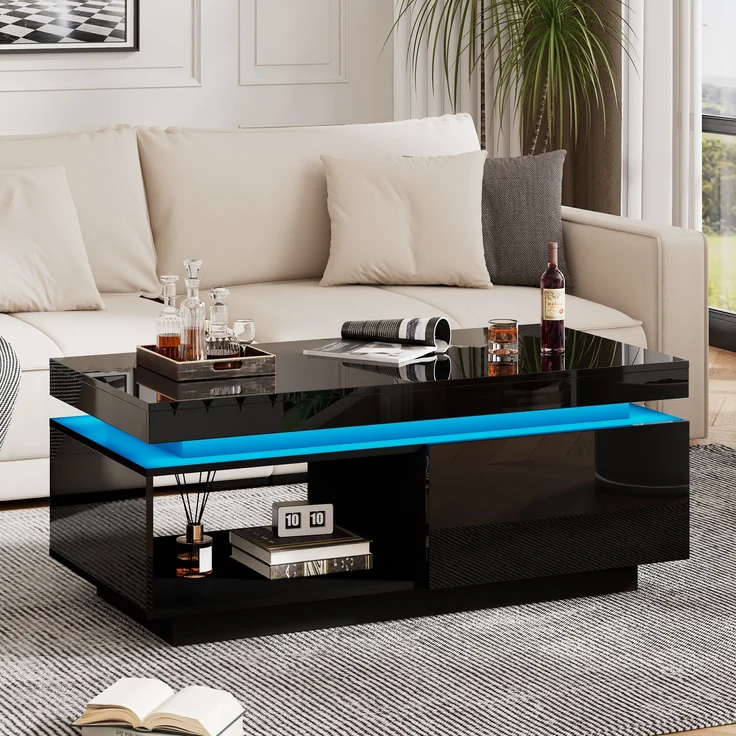 Couchtisch 100x50x40,3 cm mit LED-Beleuchtung und Schublade in Hochglanz-Schwarz – Bild 1