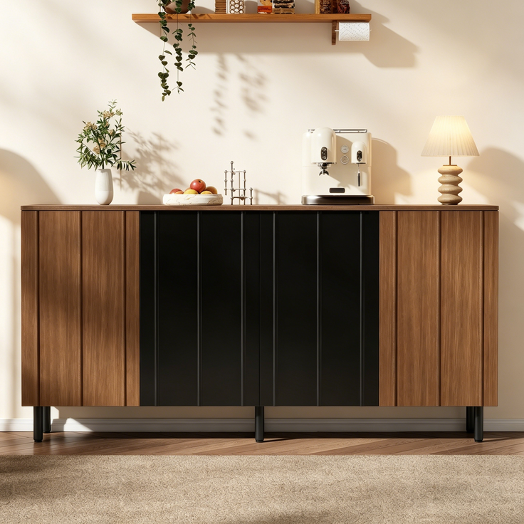 DESVIAE Sideboard mit 4 Türen 160x80x35 cm aus Spanplatte Nussbaumfarben/Schwarz – Bild 3