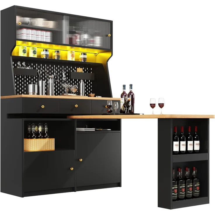 Hochschrank mit Schreibtisch, MDF und Glas, LED per App, USB-Anschluss, 137x74x177,7 cm, Schwarz – Bild 5
