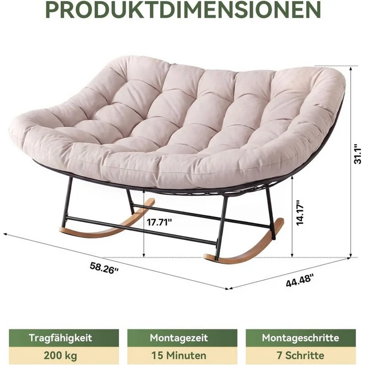 AOXUN Schaukelstuhl XXL Doppelschaukelstuhl für Innen & Außen, bis 200 kg belastbar (1 St), Ergonomischer Groß-Sitz mit dicker PP-Polsterung, einfache Montage – Bild 2