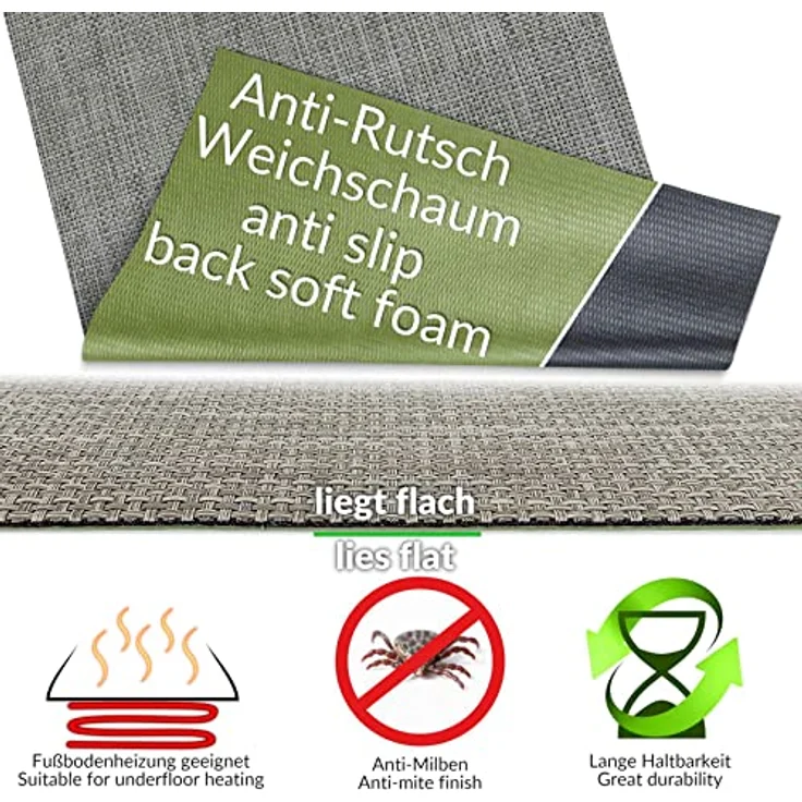 ANRO TATAMI Küchenläufer, Hochwertiger Outdoorläufer in Grau, Eckig, Höhe 3 mm, Rattanoptik, Fußbodenheizungs- und Trittschalldämmung geeignet – Bild 4