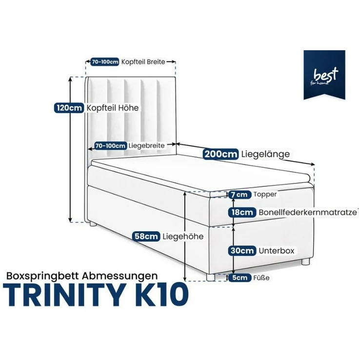 Best for Home Boxspringbett mit Bettkasten Trinity K-10 SINGLE Bonellfederkern inkl. 7 cm Topper (Einzelbett, Polsterbett gepolstertes Kopfteil, Jugendbett, Kinderbett versch. Größen, 70x200 80x200 90x200 100x200 cm), mit oder ohne Topper, Flexible Lie... – Bild 1