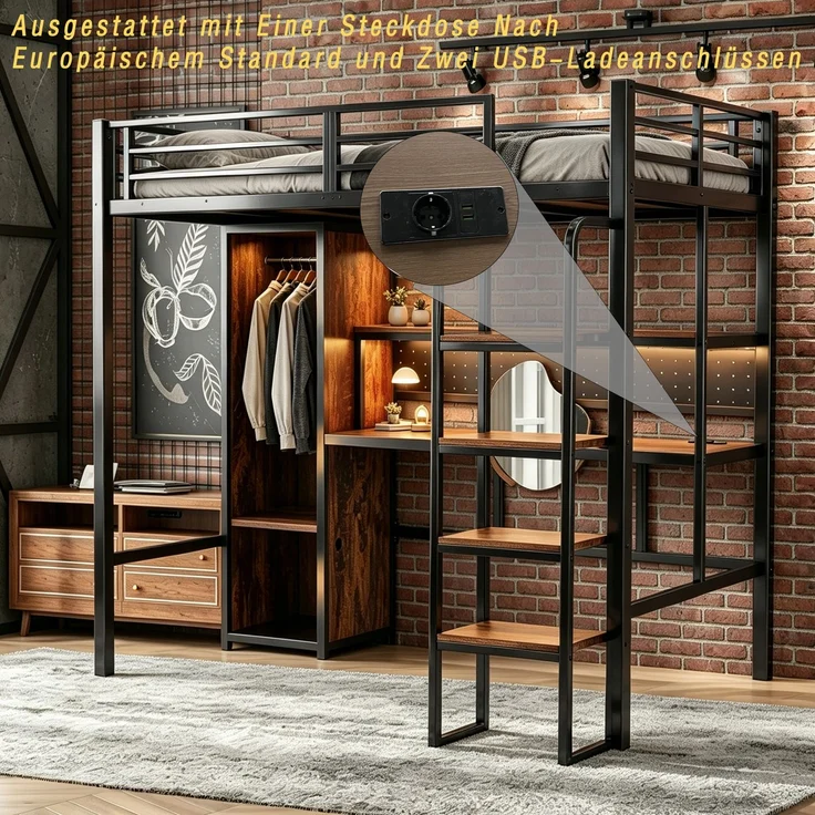 EINHOM Metall-Hochbett, 90 x 200 cm. Vertikale Treppe, mit Großem Schreibtisch mit Stecktafel, Mehrfarbiger LED-Lichtleiste, Einstöckigem Regal, Einzelkleiderschrank, Einzelbett, Schwarz (Ohne Matratze) – Bild 5