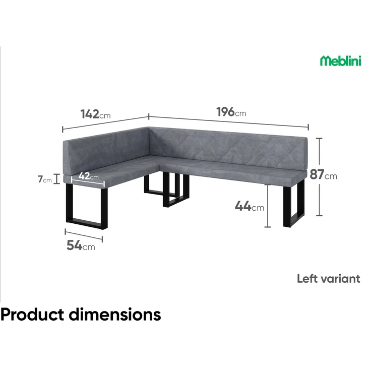 MEBLINI Eckbank für Esszimmer mit ausziehbarem Tisch - Küchenbank - Essecke - Sitzecke Küche - ERIC - U-Beine 142x196x87cm Links - Grau Samt/B Weiß Matt – Bild 7