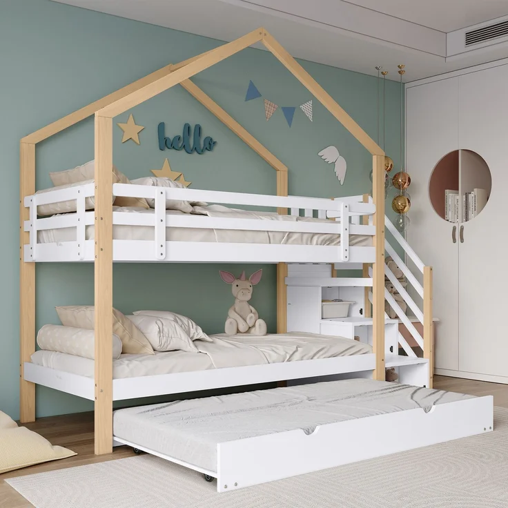 Merax Etagenbett, Ausziehbares Baumhausbett, Schiebebett, Treppe mit 4 Schubladen, Kinderbett mit Absturzsicherung und Kinderbettgitter, mit Lattenroste, Natur+Weiß (90x200cm&90x190cm) – Bild 3