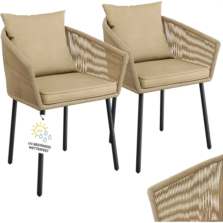 STEELSØN 'Nair' Polyrattan Gartenstuhl, 2er-Set, hellbraun, wetterfest & UV-beständig, Balkonstühle bis 160 kg belastbar, Gartensessel inkl. Kissen