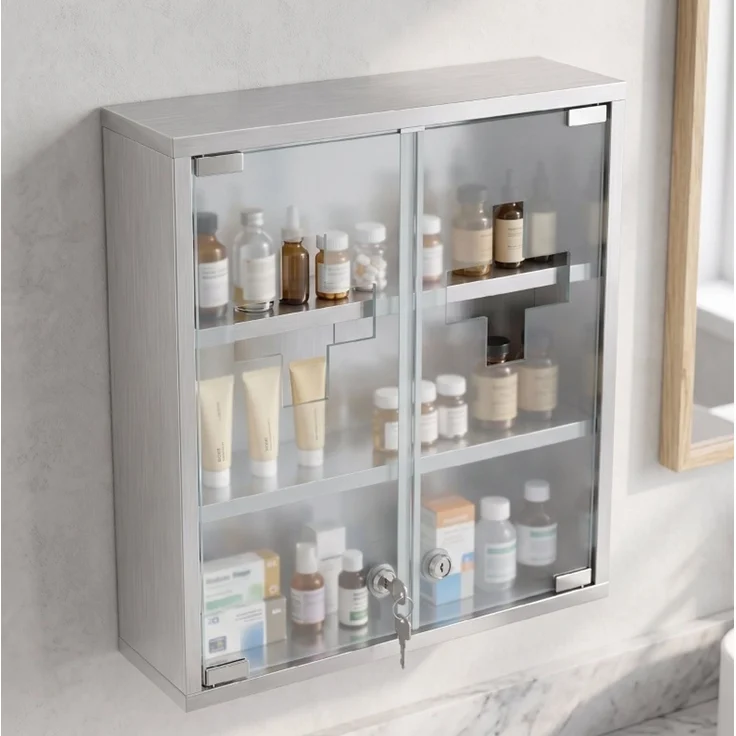Medizinschrank 48 x 46 x 12 cm mit abschließbaren Milchglastüren und sechs Aufbewahrungszonen – Bild 2