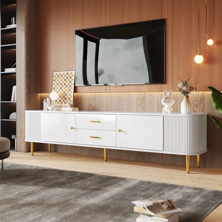 TV-Schrank Weiß mit Goldgriffen 170 x 34 x 45 cm Moderner Lowboard TV-Möbe,mit 2 Türen und 2 Schubladen – Bild 4