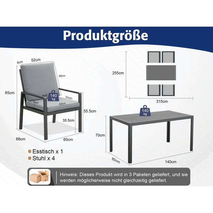 MeXo Gartenlounge-Set Gartenmöbel Set Aluminium Outdoor, (Garten-Essgruppe für 4 Personen, 5-tlg, mit Polywood Tisch & Auflagen), wetterfest für Terrasse & Garten – Bild 2