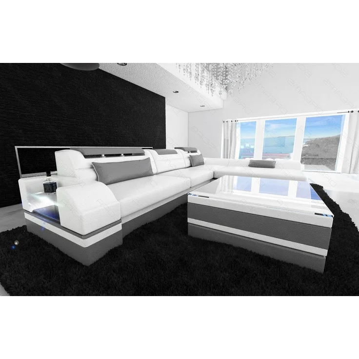 Mini Designer Ledersofa Monza L-Form – Eleganz Pur - Ledermix - Weiß-Grau - Rechts – Bild 3