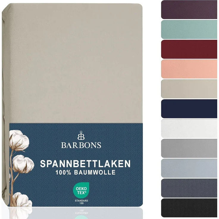 BARBONS Spannbettlaken 120x200 cm - 100% Baumwolle Spannbetttuch Oeko-TEX Zertifiziert Bettlaken Jersey Bettwaren und Bettbezug für Boxspringbett und Dicke Matratzen bis 27 cm - Sand 120x200 – Bild 1