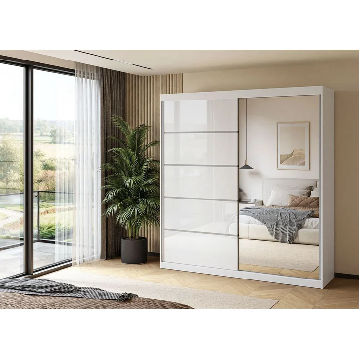 Lookway Kleiderschrank BASTER II PLUS GLOSSY mit Spiegel weiß glänzend/ Weiß hochglanz – Bild 1