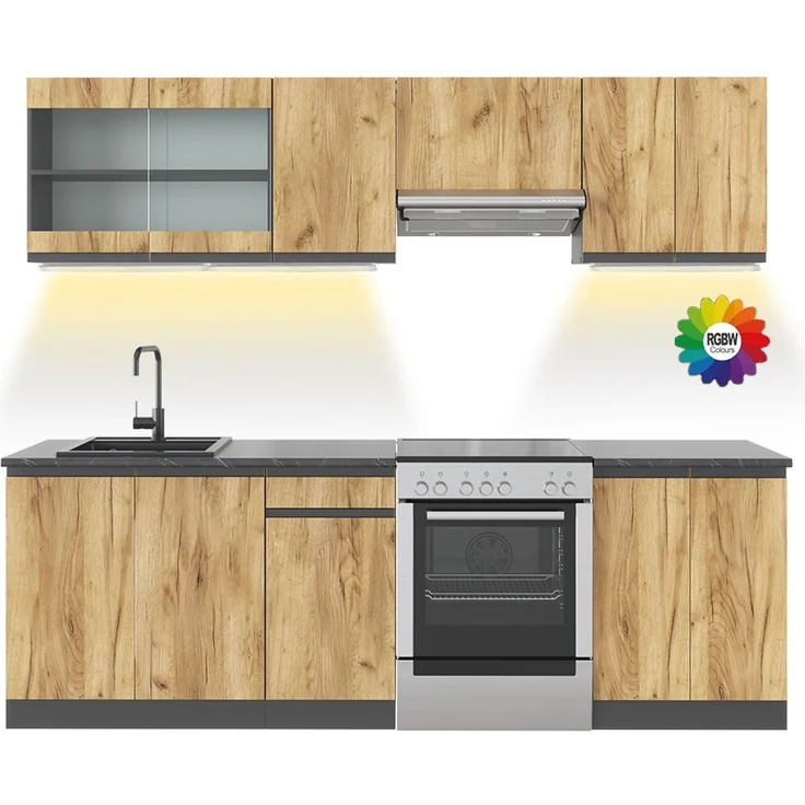 Küchenzeile R-Line Goldkraft Eiche/Anthrazit 240 cm J-Shape, ohne Arbeitsplatte mit LED-Leisten Vicco – Bild 1