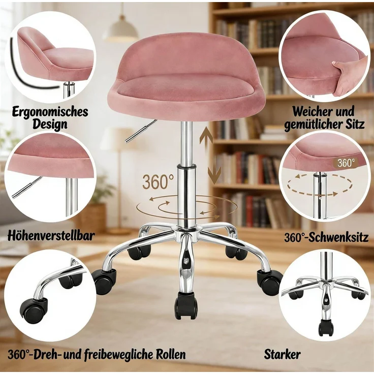 Bürohocker aus Samt, höhenverstellbar & drehbar, 30x30 cm, Rosa – Bild 4