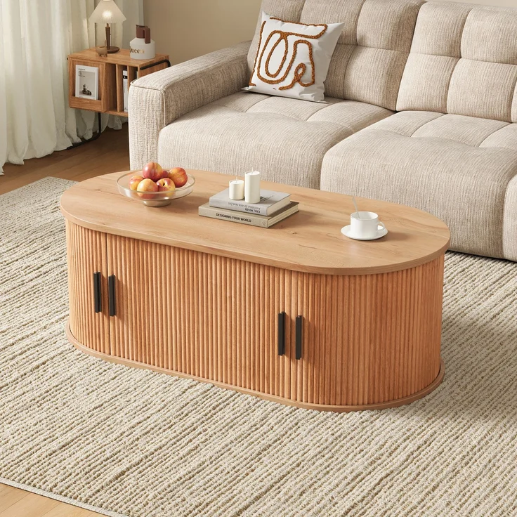Couchtisch 100 x 50 x 33 cm, mit ovaler Tischplatte, mit verdeckt liegendem Stauraum, aus MDF und Spanplatte, Naturfarben – Bild 2
