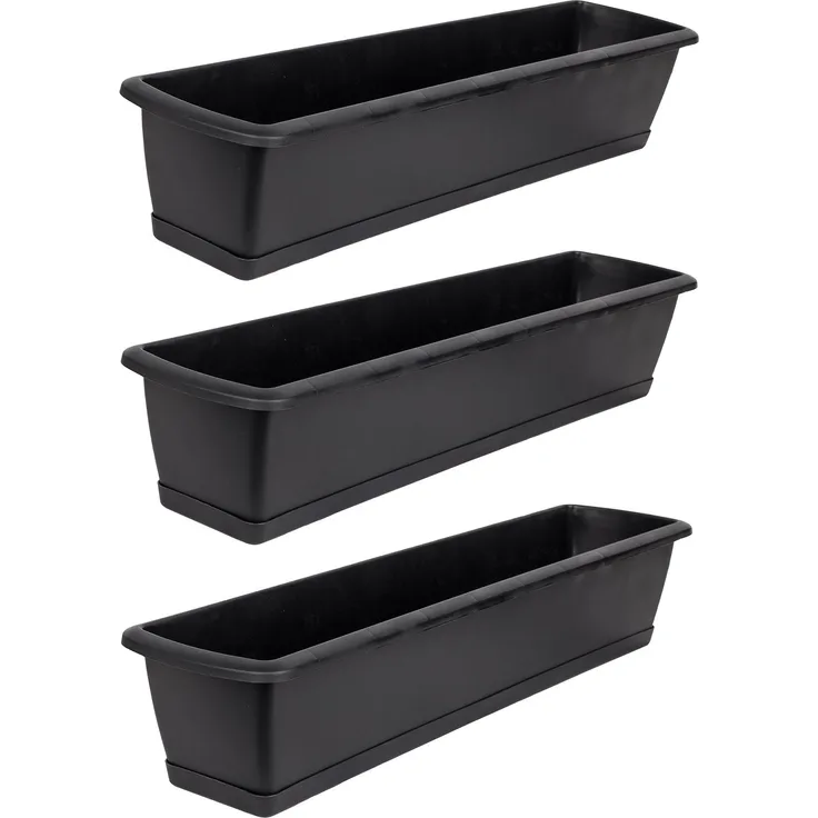 BigDean 3er Set Blumenkasten mit Untersetzer 80 cm lang anthrazit - aus PP-Kunststoff - Balkon Pflanzkasten schmal Balkonkasten